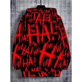 Men's Oversized Streetwear Jacket with Full-Body & Lettering Print - Lightweight Zip-Up Hooded Baseball Coat, Long Sleeve Casual Winter Outerwear for Big & Tall, Urban Fashion Essential, Christmas Gift, PLUS SIZE