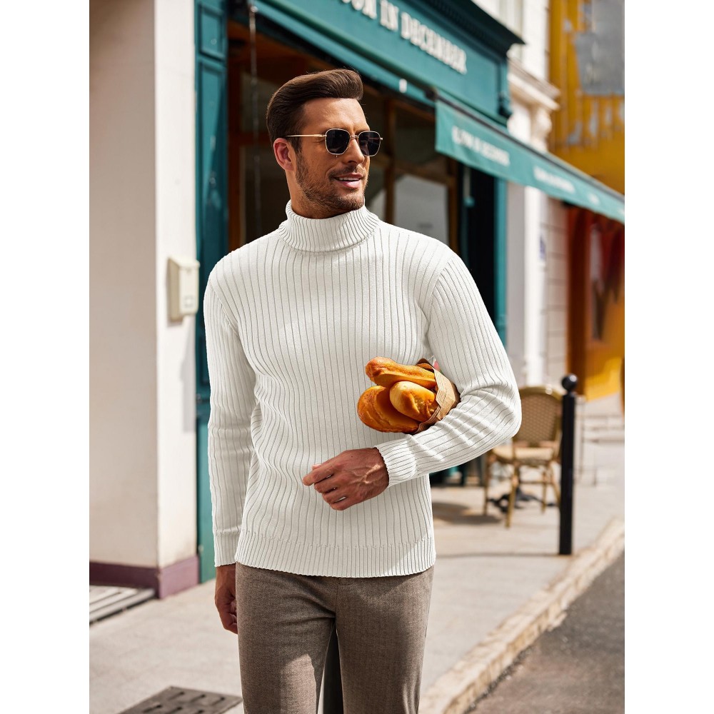 Plus Size Men'S Slim Fit Turtleneck Sweater Casual Warm Pullover Sweater Ribbed Sweater, Basic Style Top, Perfect for Fall/Winter Daily And Outdoor Wear