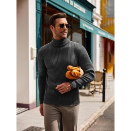 Plus Size Men'S Slim Fit Turtleneck Sweater Casual Warm Pullover Sweater Ribbed Sweater, Basic Style Top, Perfect for Fall/Winter Daily And Outdoor Wear
