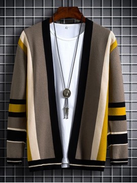 Men's Color-Block Cardigan Jacket - Open-Front Button Closure, Soft Winter Layering Coat (Size Up for proper fit) | Machine Washable Swebs for Fall & Winter | Casual, Office, Streetwear | Color-Block/Striped/Solid Options, PLUS SIZE
