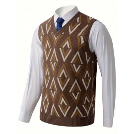 Men's Soft Beige/Brown/Argyle Sweater Vest - Slim Fit V-Neck Pullover, Knit Office & Formal Attire, Autumn/Winter Layering Piece for Business Casual or Casual Attire, Sophisticated Weave, Ribbed Texture, PLUS SIZE