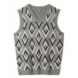 Men's Soft Beige/Brown/Argyle Sweater Vest - Slim Fit V-Neck Pullover, Knit Office & Formal Attire, Autumn/Winter Layering Piece for Business Casual or Casual Attire, Sophisticated Weave, Ribbed Texture, PLUS SIZE