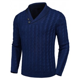 Men'S Shawl Collar Pullover Sweater Slim Fit Casual Button Cable Knit Sweaters, Plus Size