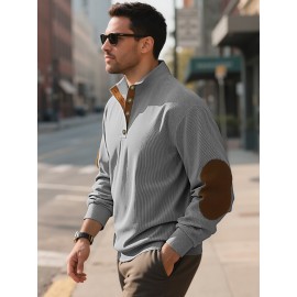 Men'S Corduroy Sweatshirt - Oversized Long Sleeve Pullover with Stand Collar, Green & Brown Striped Casual Sweater, All-Season Comfortable Loose Fit for Outdoor & Casual Attire, Plus Size Available, Easy Care (Ideal for Bowling & Casual Outfits)