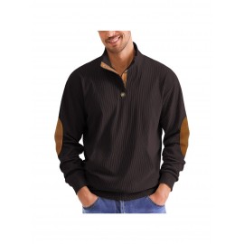 Men'S Corduroy Sweatshirt - Oversized Long Sleeve Pullover with Stand Collar, Green & Brown Striped Casual Sweater, All-Season Comfortable Loose Fit for Outdoor & Casual Attire, Plus Size Available, Easy Care (Ideal for Bowling & Casual Outfits)