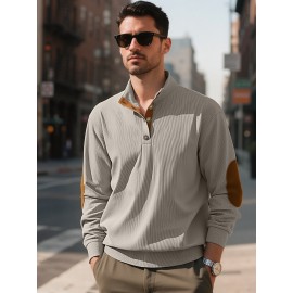 Men'S Corduroy Sweatshirt - Oversized Long Sleeve Pullover with Stand Collar, Green & Brown Striped Casual Sweater, All-Season Comfortable Loose Fit for Outdoor & Casual Attire, Plus Size Available, Easy Care (Ideal for Bowling & Casual Outfits)