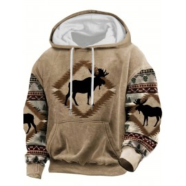 Men'S 3D Digital Print Moose & Reindeer Animal Pattern Hooded Sweatshirt - Winter Warmth Loose Fit Zipper Pullover, Grey & Retro Streetwear with Fur-Like Collar, Casual Long Sleeve Sweater for Autumn and Winter Outdoor Activities, Plus Size