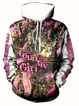 Men'S 3D Deer Print Hooded Jacket with Pink Camo & Country Girl Lettering - Long Sleeve Casual Hunting & Outdoor Hoodie, Adjustable Drawstring Pocket, Spring/Fall Camouflage Coat for Daily Wear (Regular Fit, Deer Stag Design), Plus Size