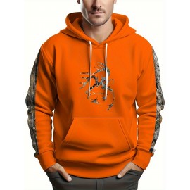 Men'S Plus Size Stretch Polyester Blend Hoodie - 3D Deer Pattern Bright Orange, Kangaroo Pocket Long Sleeve Pullover Suitable for Autumn and Winter, Machine Washable Casual Sportswear, Bold Animal Print, Comfortable Fit, Plus Size