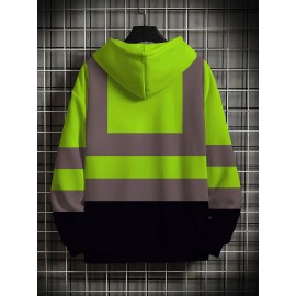 Men's Neon Green/Orange/Gray Full-Zip Hooded Jacket - Heavy-Duty Zipper Closure, Loose-Fit Casual Coat for Gym, Hiking & Urban Streetwear - Machine Washable Spring/Fall Outerwear with Hood (Neck Collar) - -First Color Block Design, PLUS SIZE