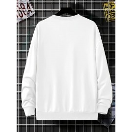 Men's Bird Logo Print Crew Neck Sweatshirt - White Bird Logo on Dark Blue, Casual Long Sleeve Pullover, Minimalist Sweater for Gym, Office & Casual Attire, Versatile Sportswear & Smart-Casual Outfit Essential, PLUS SIZE