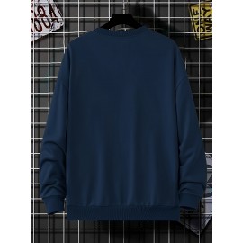 Men's Bird Logo Print Crew Neck Sweatshirt - White Bird Logo on Dark Blue, Casual Long Sleeve Pullover, Minimalist Sweater for Gym, Office & Casual Attire, Versatile Sportswear & Smart-Casual Outfit Essential, PLUS SIZE