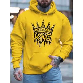Men'S King Crown Print Hooded Sweatshirt - Royal & Golden Lettering, Winter Knit Fabric with Slight Stretch, Regular Fit Long Sleeve Pullover, Casual American Style Statement Piece for Everyday & Formal Wear - Ideal Gift for Men (KING Lettering Desi