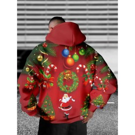 Mens Plus Size Relaxed Hooded 3D Print Sweatshirt | Santa Reindeer Snow Design, Trendy Street Fashion, Bright Colors, Perfect for Autumn Winter