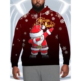 Men's Plus Size 3D Santa Claus & Snowflake Print Hooded Sweater - Oversized Red & Golden Christmas Pullover with 'Merry Christmas' Text, Loose Fit Long Sleeve Hoodie, Machine Washable Funny Ugly Christmas Party Outfit for Holiday Gatherings, PLUS SIZE