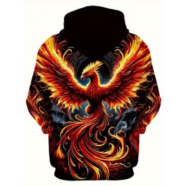Men'S Plus Size 3D Flame Phoenix Hoodie - Vibrant Red & Orange Graphic, Long Sleeve Pullover with Drawstring Hood & Pockets, Polyester, Casual Sporty Style for Fall & Winter, Autumn Fashion Top, Bold Pattern Hoodie, Medium Stretch Fabric