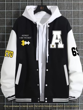Men's Large Size Baseball Jacket A-69 Letter Print (A for Alpha, 69 for Number 6 & 9) - Plus Size Outerwear with Snap Closure & Pockets, Machine-Washable Polyester Spring/Fall Winter Casual Wear - Christmas Gift for Big & Tall Men, PLUS SIZE