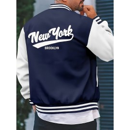 Men's Large Size Vintage New York Lettering & Numbered Baseball Jacket - Two-Tone Button College Style Snapback Coat, Retro Streetwear Outerwear with Pockets (Machine Washable, Spring/Fall Casual Wear) - Christmas Gift for NY Fans, PLUS SIZE