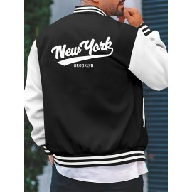Men's Large Size Vintage New York Lettering & Numbered Baseball Jacket - Two-Tone Button College Style Snapback Coat, Retro Streetwear Outerwear with Pockets (Machine Washable, Spring/Fall Casual Wear) - Christmas Gift for NY Fans, PLUS SIZE