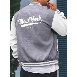 Men's Large Size Vintage New York Lettering & Numbered Baseball Jacket - Two-Tone Button College Style Snapback Coat, Retro Streetwear Outerwear with Pockets (Machine Washable, Spring/Fall Casual Wear) - Christmas Gift for NY Fans, PLUS SIZE