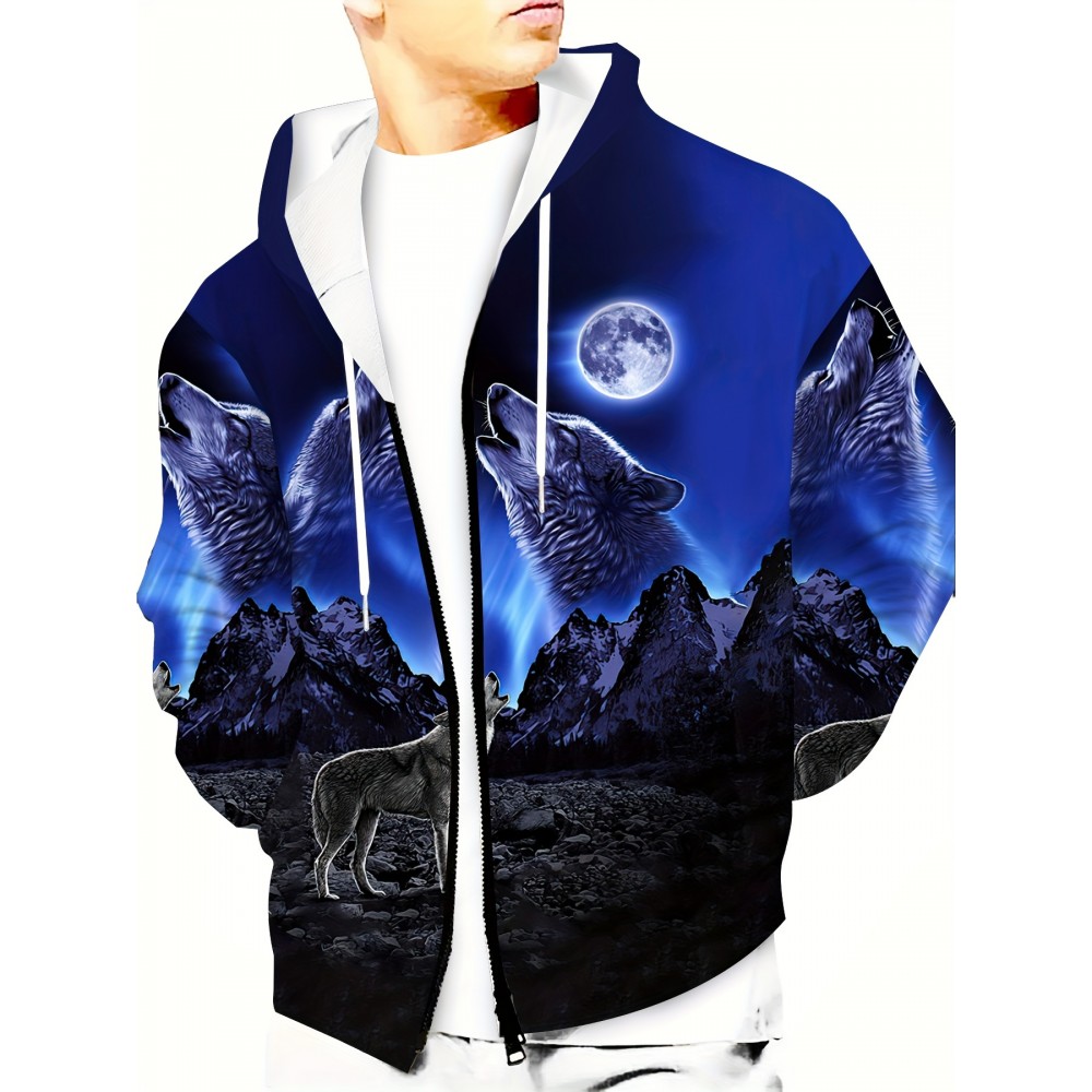 Men's Full-Body Wolf 3D Print Hooded Jacket - Realistic Wolf & Moon Night Sky Design, Knitted Fiber Coat with Zipper Closure, Machine Washable Winter Jacket for Outdoor Wear, Plus Size (Black/Green) - Wolf Howling Print Hoodie, PLUS SIZE