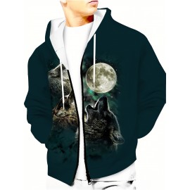 Men's Full-Body Wolf 3D Print Hooded Jacket - Realistic Wolf & Moon Night Sky Design, Knitted Fiber Coat with Zipper Closure, Machine Washable Winter Jacket for Outdoor Wear, Plus Size (Black/Green) - Wolf Howling Print Hoodie, PLUS SIZE