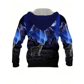 Men's Full-Body Wolf 3D Print Hooded Jacket - Realistic Wolf & Moon Night Sky Design, Knitted Fiber Coat with Zipper Closure, Machine Washable Winter Jacket for Outdoor Wear, Plus Size (Black/Green) - Wolf Howling Print Hoodie, PLUS SIZE