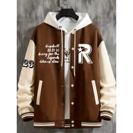 Men's Large Size Baseball Jacket with Letter 'M' Print (for Miami/other letters) - Buttonless Snap Closure, Machine-Washable Polyester Coat, Pockets - Casual Winter Outerwear for Big & Tall, Christmas Gift (No hat Included), PLUS SIZE
