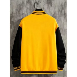 Men's Large Size Baseball Jacket with Letter 'M' Print (for Miami/other letters) - Buttonless Snap Closure, Machine-Washable Polyester Coat, Pockets - Casual Winter Outerwear for Big & Tall, Christmas Gift (No hat Included), PLUS SIZE