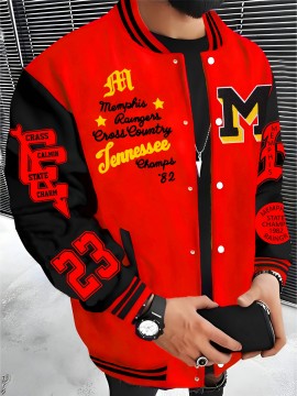 Men'S Plus Size Baseball Jacket | Los Angeles Style, Letter and Number 23 Print, Wrinkle Resistant, Casual Sports, Perfect for Parties, Autumn and Winter