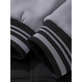 Men'S Large Size Casual Baseball Jacket with Letter Print & Team Spirit Design - Warm Outerwear, Snap Closure & Functional Pockets, Spring/Fall Outdoor Sports Apparel, Christmas Gift for Men (No Hat Included) - Trendy Casual Style for Casual Attire