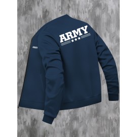 Men'S Plus Size Casual Army Print Varsity Jacket with Pockets, Baseball Collar, Zipper Closure, Knit Polyester Fabric, Slight Stretch, Regular Fit - 95% Polyester, 5% Elastane