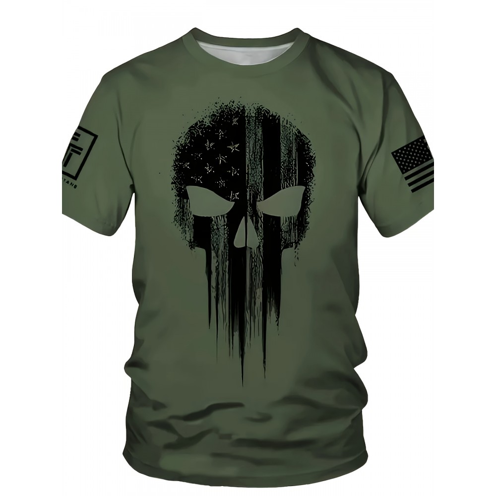 Men's Patriotic 3D Skull Print T-Shirt, Oversized Royal Blue Casual Summer Top with American Flag Design, Crew Neck Short Sleeve- Ideal Valentine's Day Gift for Boyfriend, Skull American Flag Clothing, Large Size, PLUS SIZE