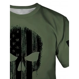 Men's Patriotic 3D Skull Print T-Shirt, Oversized Royal Blue Casual Summer Top with American Flag Design, Crew Neck Short Sleeve- Ideal Valentine's Day Gift for Boyfriend, Skull American Flag Clothing, Large Size, PLUS SIZE