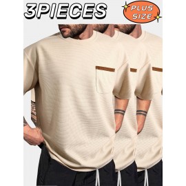 3pcs Men'S Plus Size Casual Short Sleeve T-Shirt Set, Essential Basic Tee - Breathable, Soft & Comfortable Waffle Fabric, Solid Color, Round Neck, Perfect for Casual Attire, PLUS SIZE, Men'S Set On, Men'S White Beach Set, Men'S Training Suit Set, Men'S Beach Set For Large Sizes