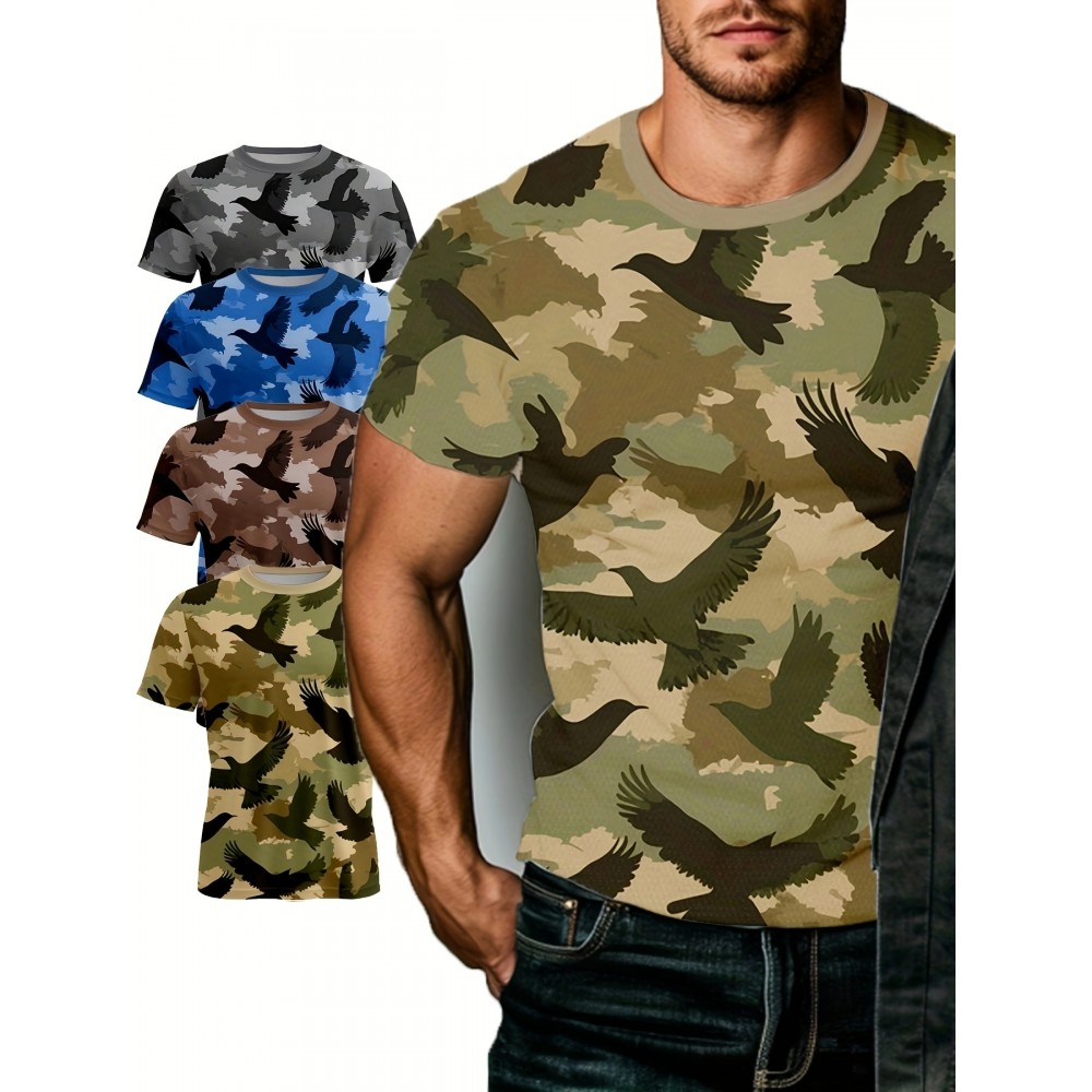 4pcs Men'S Camo Tactical T-Shirts - Breathable Polyester, Crew Neck, Short Sleeve, Casual Sports Knit Fabric, Slight Stretch, Regular Fit for Spring/Summer Outdoor Activities, PLUS SIZE