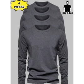 [Soft Plus Size T-Shirts] 4pcs Men's Plus Size Long Sleeve T-Shirt Set - Soft & Comfortable, 95% Polyester 5% Spandex, Solid Color, Round Neck, Casual Style, Perfect for Fall, Daily Wear