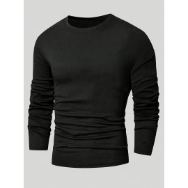 [Soft Plus Size T-Shirts] 4pcs Men's Plus Size Long Sleeve T-Shirt Set - Soft & Comfortable, 95% Polyester 5% Spandex, Solid Color, Round Neck, Casual Style, Perfect for Fall, Daily Wear