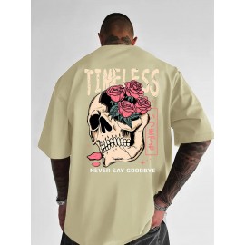 Men's Gothic Skull & Rose T-Shirt with Back Print - Oversized Streetwear Fit, Bold 