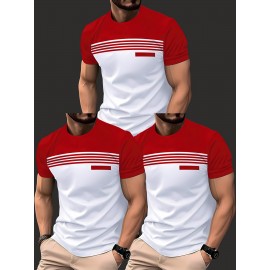 3pcs Men'S Casual Crew Neck Short Sleeve T-Shirts- Light Gray with White Horizontal Stripes, Regular Fit, Slight Stretch Fabric, Stylish Black Watch Accessories, Casual Attire|Striped Tee|Stretchy Fabric, Everyday Outfit, Versatile Clothing, Minimalist Design, Modern Casual, Durable Construction, Breathable Fabric, Basic Tee, Striped Shirt, Plus Size, Men T Shirt High Quality, Men Plus Size Clothing, Big And Tall Men Clothing, Men Big And Tall Clothing, Big And Tall Graphic Tee, Plus