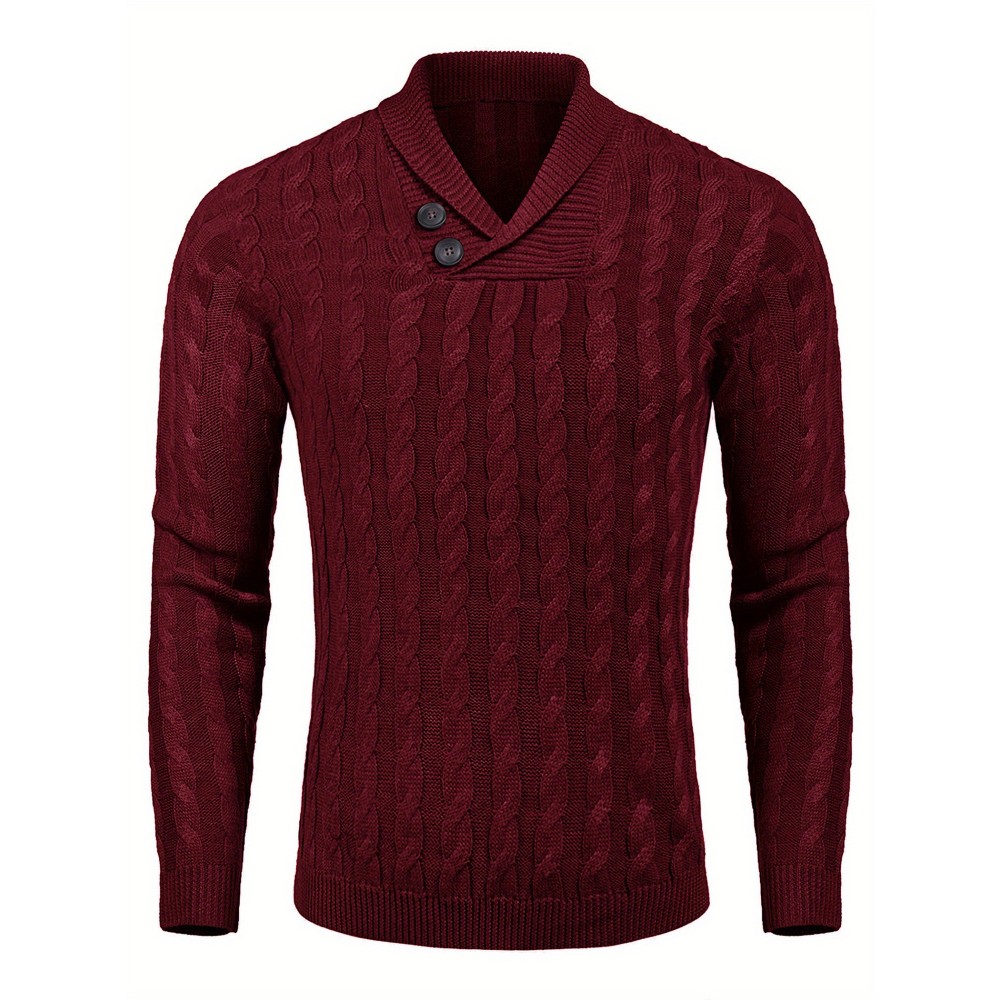 Men'S Shawl Collar Pullover Sweater Slim Fit Casual Button Cable Knit Sweaters, Plus Size