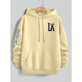 Men's Casual Hooded Sweater with Logo & 1985 Print - Oversized Brown Hoodie, Loose Fit Long Sleeve Pullover, Vintage Lettering, Machine Washable for Spring/Fall Layering (No Transparency), PLUS SIZE