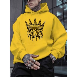 Men'S King Crown Print Hooded Sweatshirt - Royal & Golden Lettering, Winter Knit Fabric with Slight Stretch, Regular Fit Long Sleeve Pullover, Casual American Style Statement Piece for Everyday & Formal Wear - Ideal Gift for Men (KING Lettering Desi
