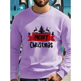 Men's Christmas Tree Print Sweatshirt - Long Sleeve Crew Neck Casual Pullover with Merry Christmas Lettering & Snowflake Design, Purple Red/Green Holiday Sweater for Spring/Autumn, Festive Winter Party Outfit, PLUS SIZE