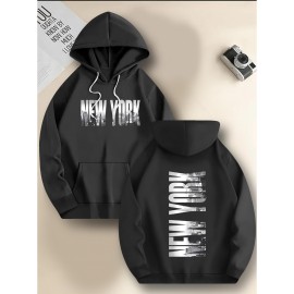 Men's New York Letter Print Hoodie & Matching Sweatsuit Set - Oversized Plus Size Winter Warmth, Distressed NYC Skyline Print Hooded Jacket & Pants, Machine Washable Casual Sportswear, Loose Fit Layered Outfit (New York Themed Apparel), PLUS SIZE