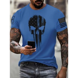Men's Patriotic 3D Skull Print T-Shirt, Oversized Royal Blue Casual Summer Top with American Flag Design, Crew Neck Short Sleeve- Ideal Valentine's Day Gift for Boyfriend, Skull American Flag Clothing, Large Size, PLUS SIZE