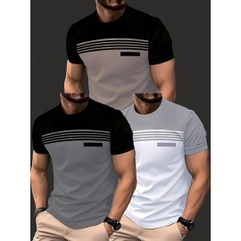 3pcs Men'S Casual Crew Neck Short Sleeve T-Shirts - Light Gray with White Horizontal Stripes, Regular Fit, Slight Stretch Fabric, Stylish Black Watch Accessories, Casual Attire|Striped Tee|Stretchy Fabric, PLUS SIZE
