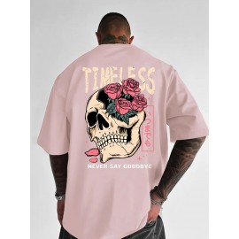Men's Gothic Skull & Rose T-Shirt with Back Print - Oversized Streetwear Fit, Bold 