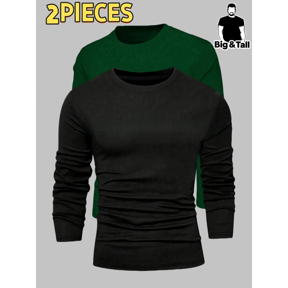 2pcs Men's Heavyweight 95% Polyester/5% Spandex Oversized Long Sleeve T-Shirt Set - Soft Stretch Round Neck Casual Layering Shirts in Green & Grey, Solid Color Winter Warmth, Comfortable Casual Attire, Plus Size Available (Machine Washable) - Ideal for Fall & Winter Layering Essentials (Casual & Formal Outfits) - Versatile Matching Outfits for Men, Relaxed Fit, Durable & Easy Care, Long Sleeve T Shirts for Men, Mens Plus Size T Shirt, Printed T Shirts for Men, PLUS SIZE