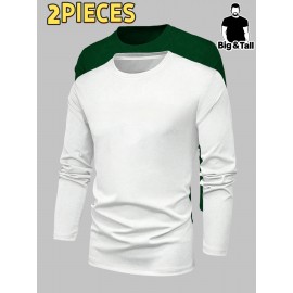 2pcs Men's Heavyweight 95% Polyester/5% Spandex Oversized Long Sleeve T-Shirt Set - Soft Stretch Round Neck Casual Layering Shirts in Green & Grey, Solid Color Winter Warmth, Comfortable Casual Attire, Plus Size Available (Machine Washable) - Ideal for Fall & Winter Layering Essentials (Casual & Formal Outfits) - Versatile Matching Outfits for Men, Relaxed Fit, Durable & Easy Care, Long Sleeve T Shirts for Men, Mens Plus Size T Shirt, Printed T Shirts for Men, PLUS SIZE